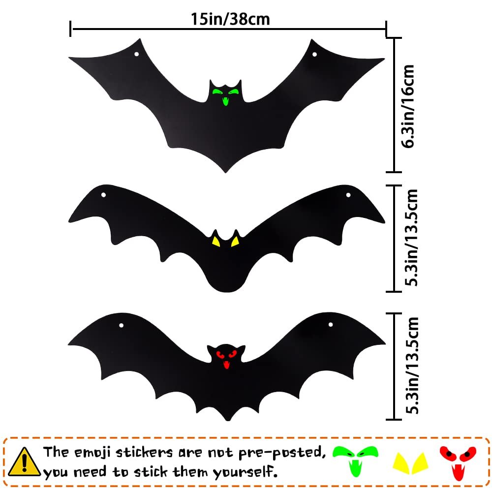 Three black bat decorations with glowing eyes and dimensions shown, plus a note about stickers.