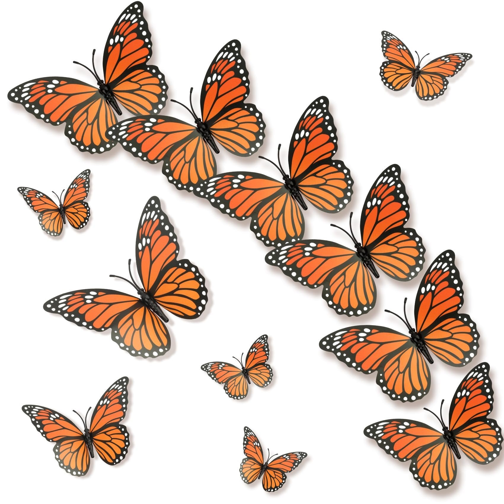 A collection of 12 monarch butterflies in various sizes, depicted with orange wings and black markings, arranged on a white background.