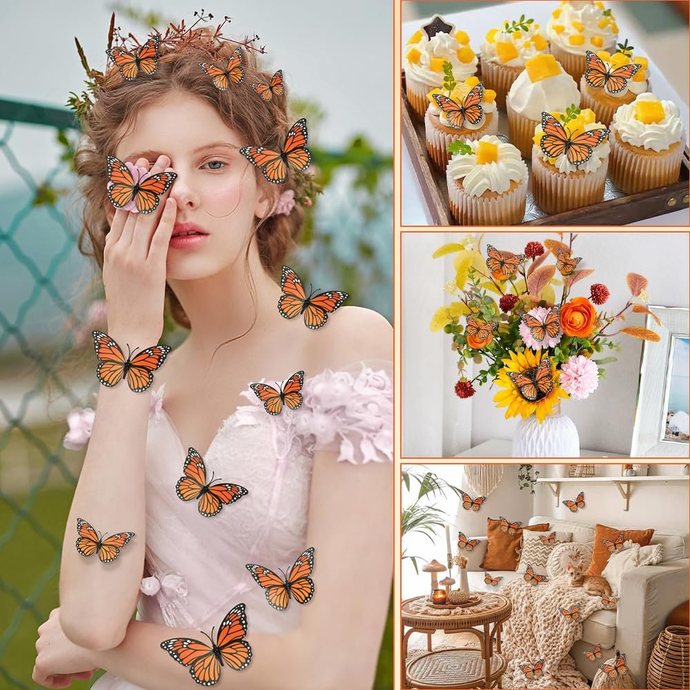 Collage of 3D monarch butterfly wall decor applied to a woman, cupcakes, floral arrangement, and living room decor