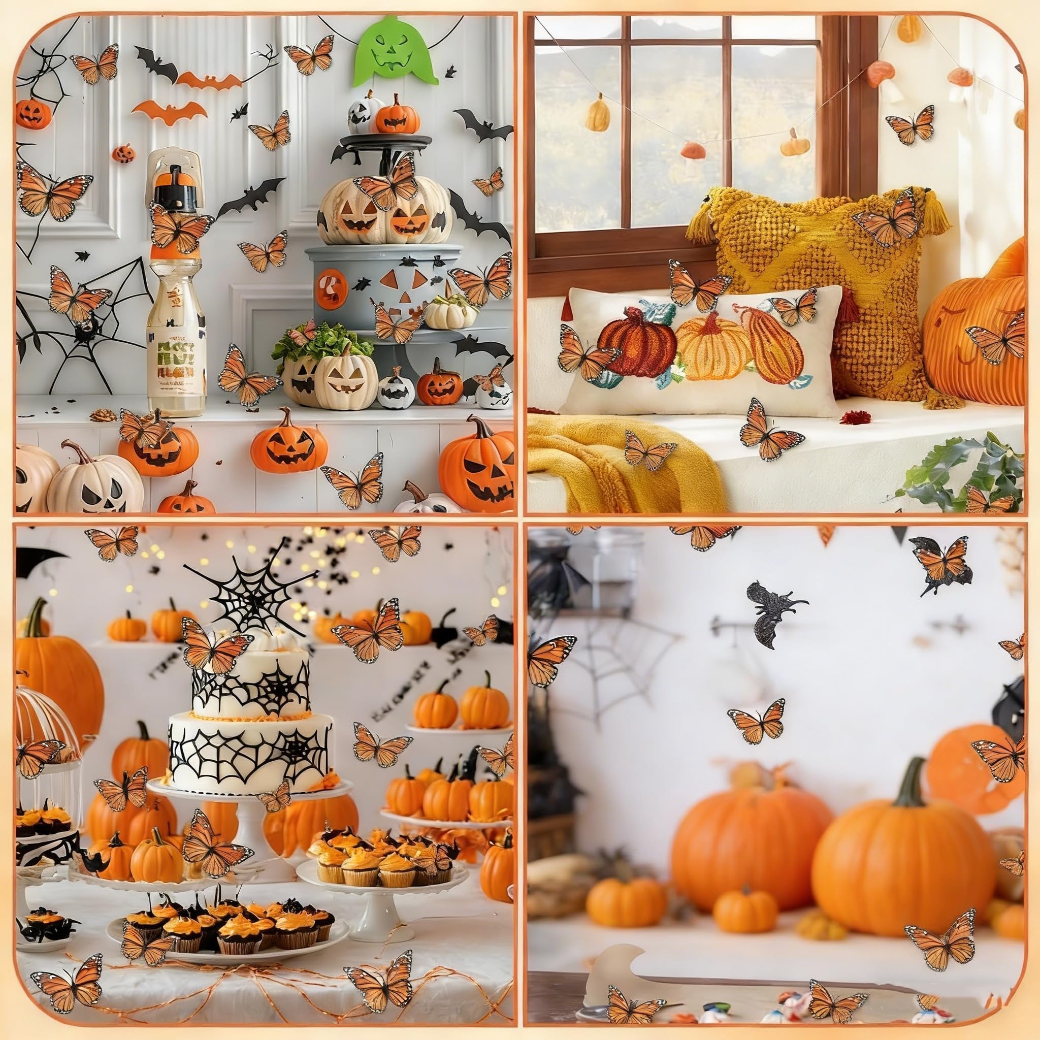 Collage of Halloween decorations including monarch butterflies, pumpkins, jack-o-lanterns, bats, and spiderwebs.