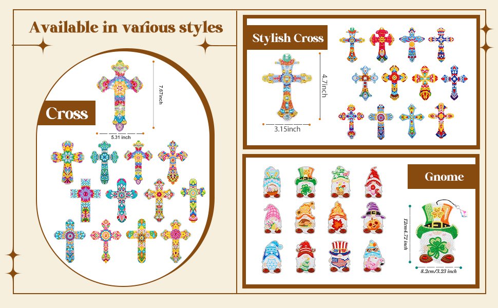 Diamond painting bookmarks in cross and gnome shapes, with dimensions shown.
