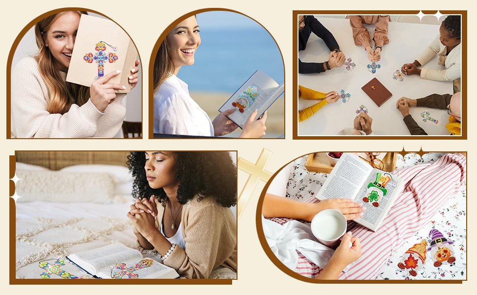 Collage of people enjoying diamond painting bookmarks, including a woman holding a cross bookmark, a woman reading by the sea, a group at a table, and a person reading in bed.