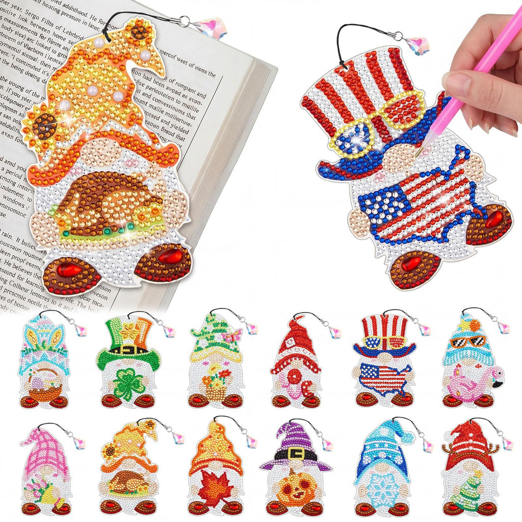 Diamond painting gnome bookmarks in various designs, including patriotic and seasonal themes, displayed on a white background.