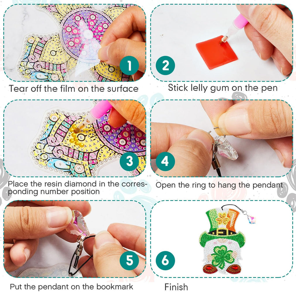 Collage showing six steps to create a diamond painting bookmark kit, including applying diamonds and attaching a pendant.