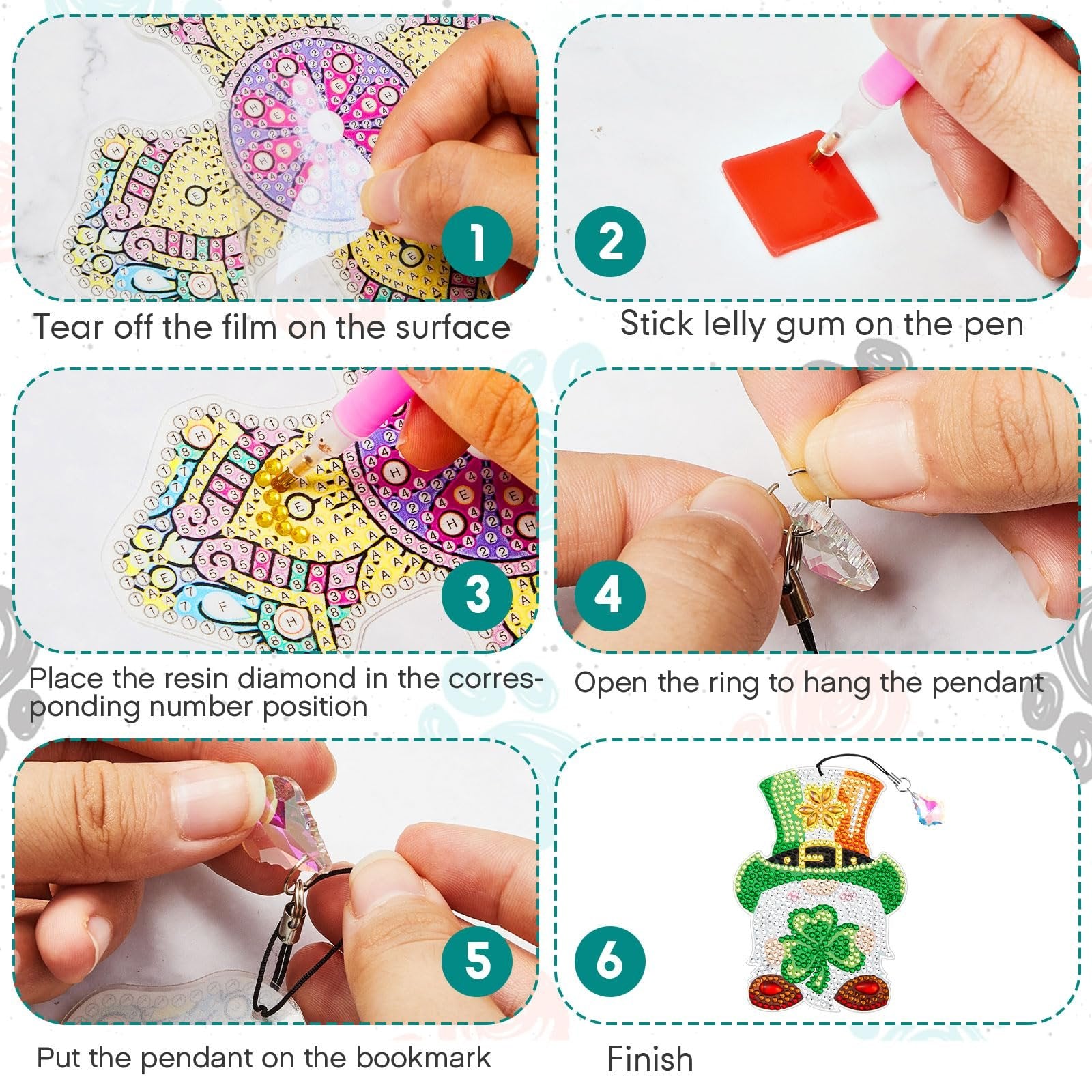 Collage showing six steps to create a diamond painting bookmark kit, including applying diamonds and attaching a pendant.