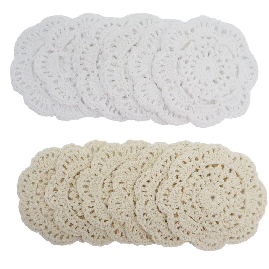 Set of 12 handmade cotton crochet lace doilies, 6 white and 6 beige, arranged in two rows on a white background.