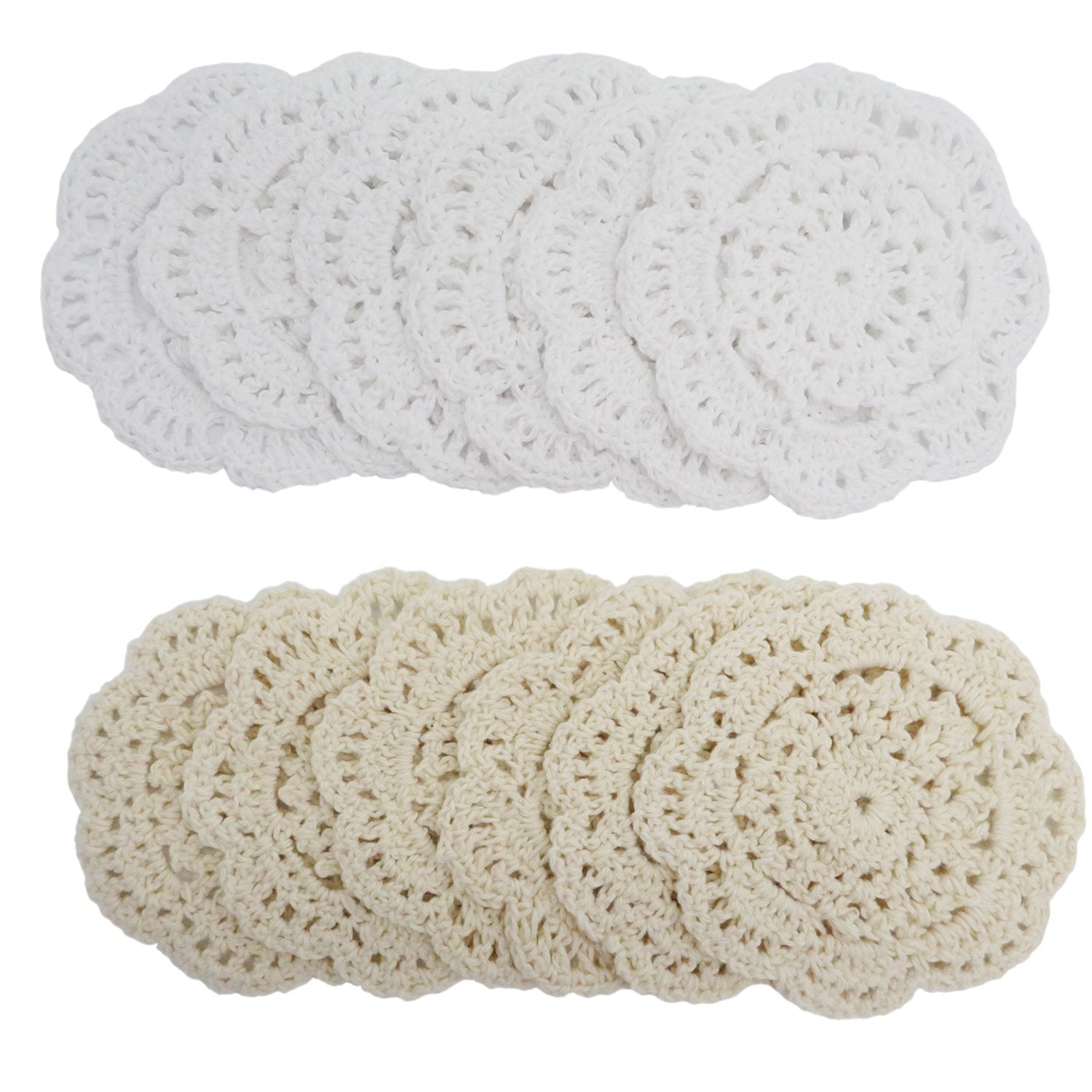 Set of 12 handmade cotton crochet lace doilies, 6 white and 6 beige, arranged in two rows on a white background.