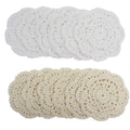 Set of 12 handmade cotton crochet doilies, 6 white and 6 beige, arranged in two rows on a white background.