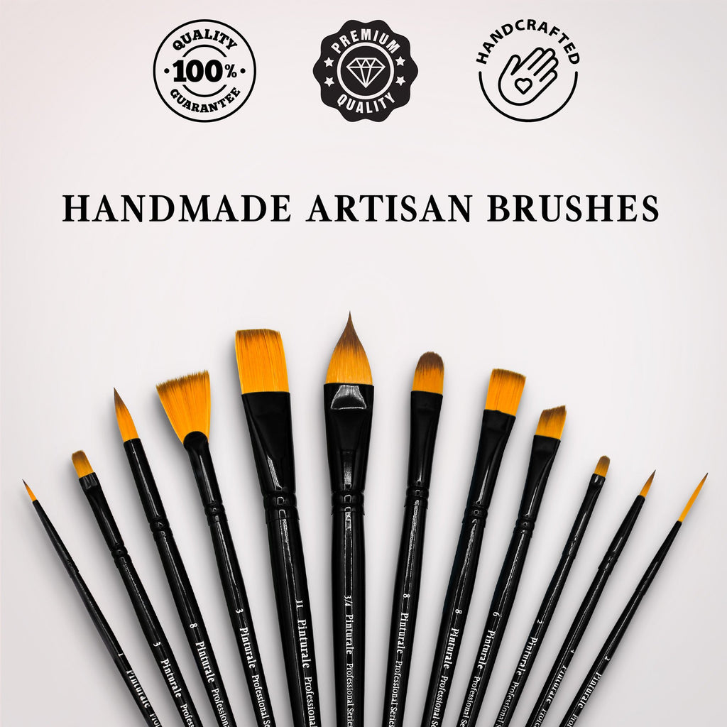 Set of 12 acrylic and oil paint brushes with synthetic nylon bristles and black wooden handles, fanned out on a white background.