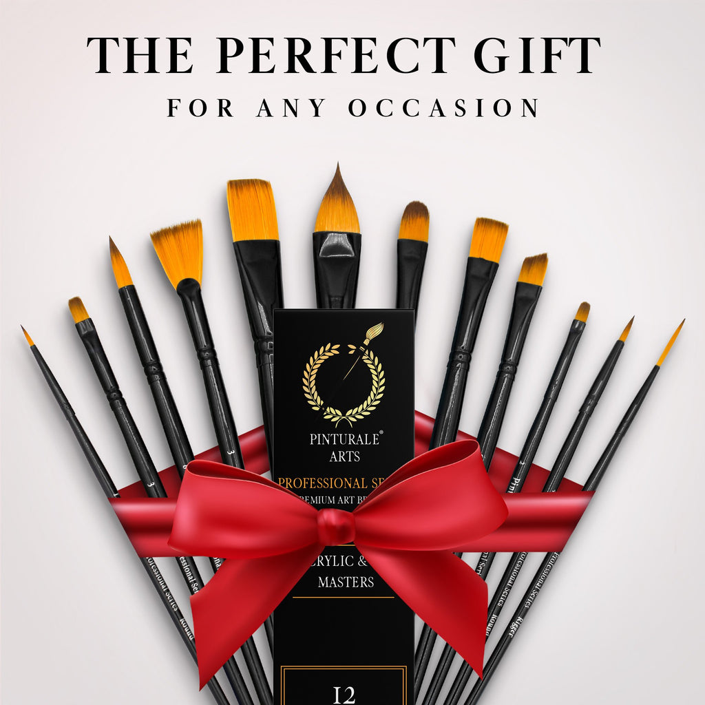 Set of 12 acrylic and oil paint brushes with black handles and orange bristles, arranged around a black box with a red ribbon.