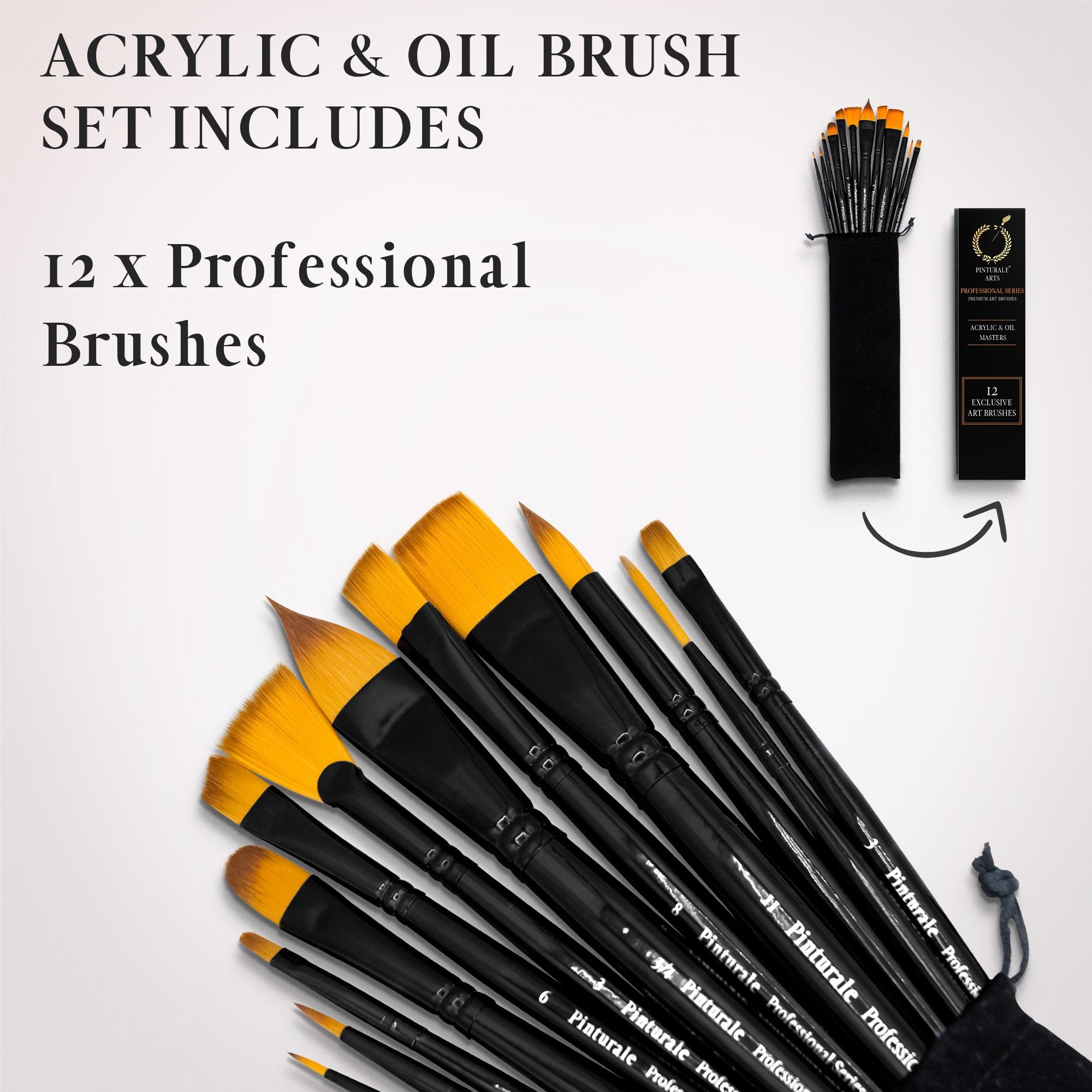 Set of 12 acrylic and oil paint brushes with black handles and yellow bristles, shown with a black storage pouch and packaging.