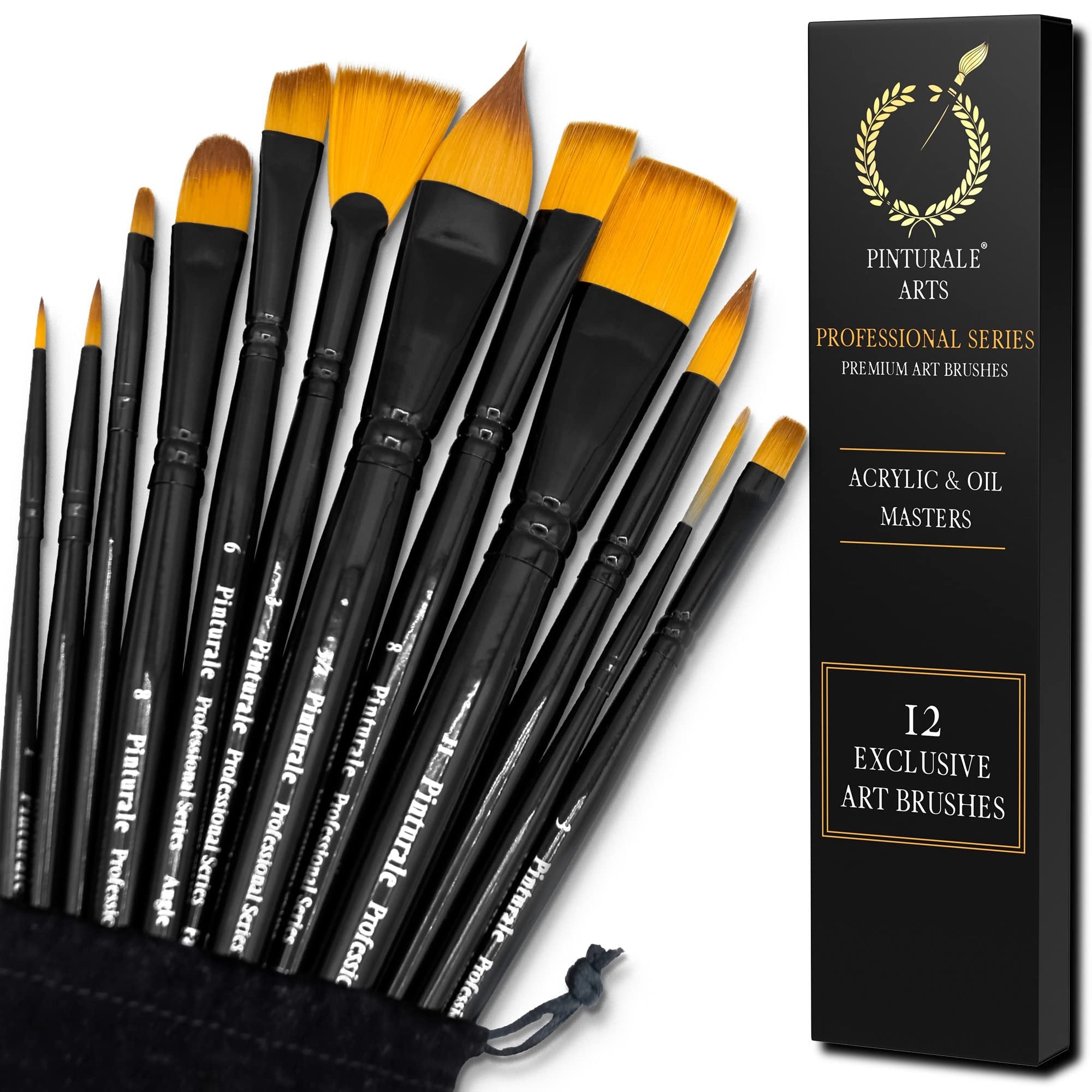Set of 12 acrylic and oil paint brushes with yellow bristles and black handles, shown with packaging.