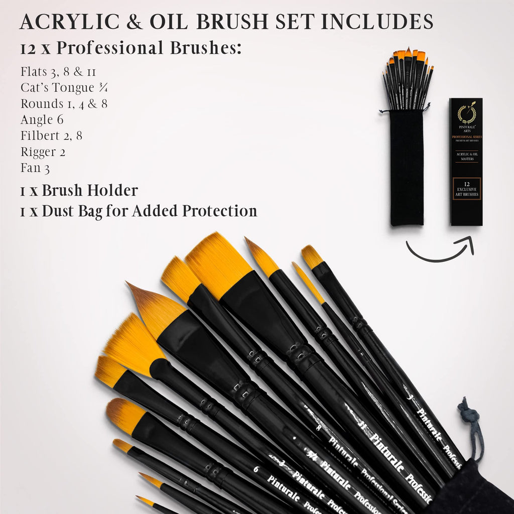 Set of 12 acrylic and oil paint brushes with yellow bristles and black handles, shown with a black brush holder and packaging.