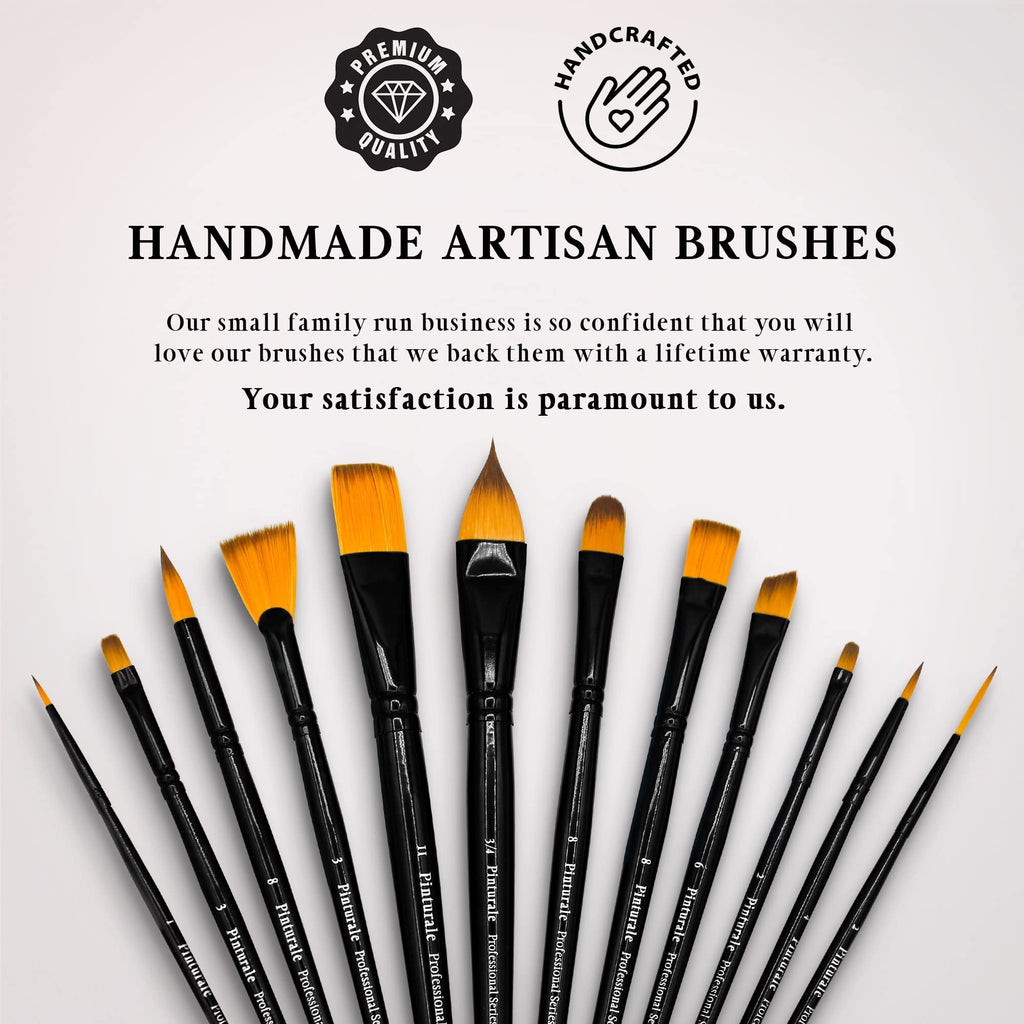 Set of 12 acrylic and oil paint brushes with synthetic nylon bristles and black wooden handles, displayed on a white background.