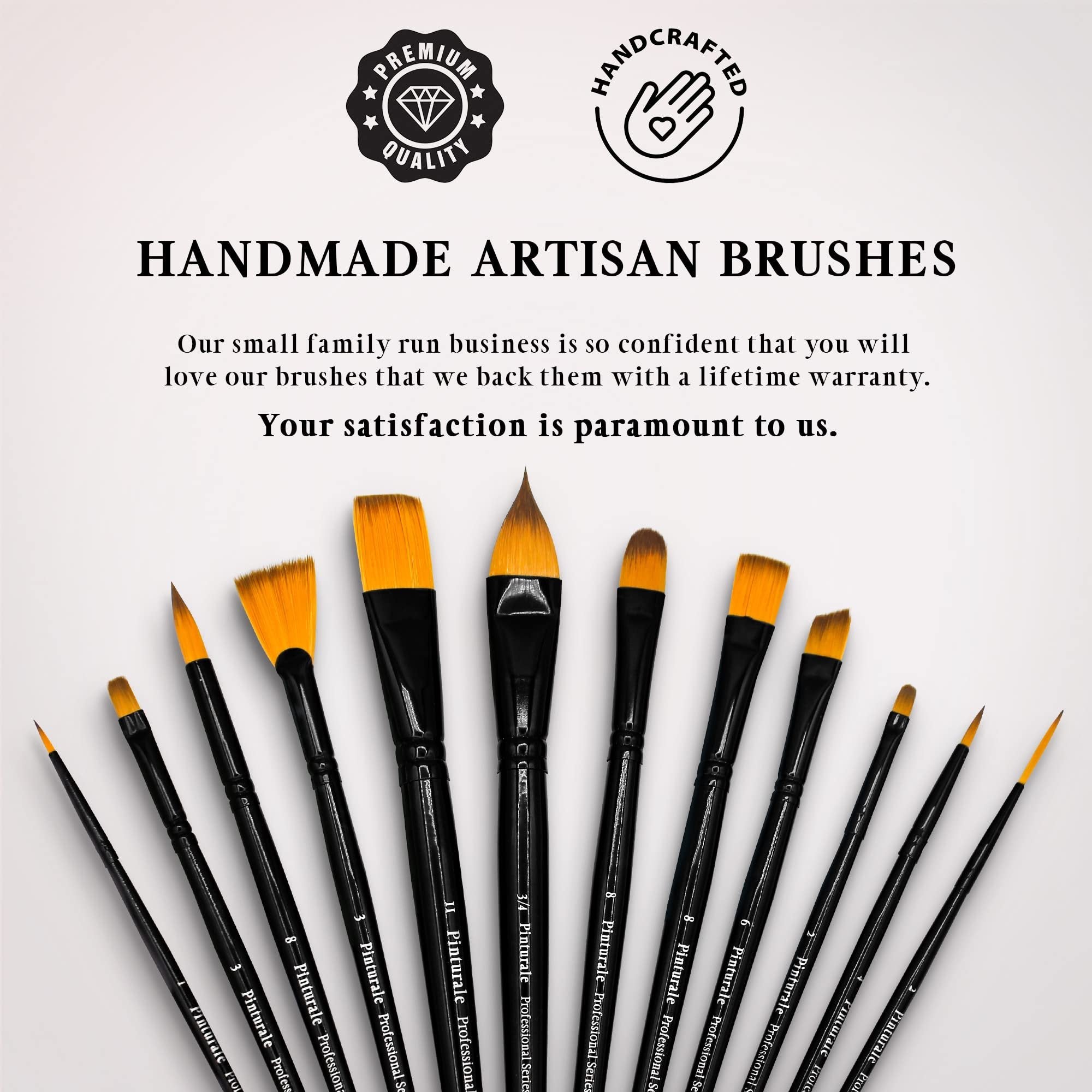 Set of 12 acrylic and oil paint brushes with synthetic nylon bristles and black wooden handles, displayed on a white background.