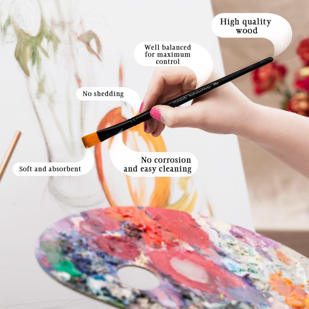 Hand holding a flat paint brush over a colorful artist's palette, with text callouts about brush features.