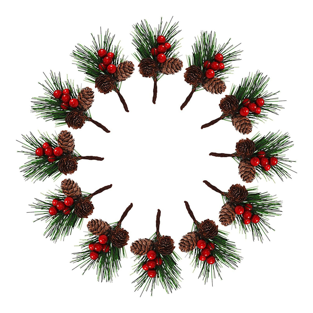 Twelve artificial Christmas pine branches with red berries and pine cones arranged in a circle on a white background.