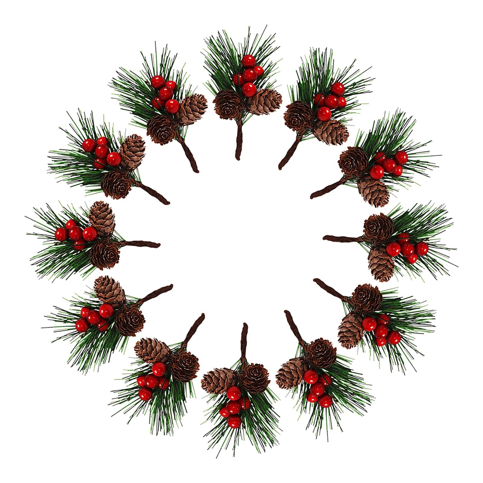 Twelve artificial Christmas pine branches with red berries and pine cones arranged in a circle on a white background.