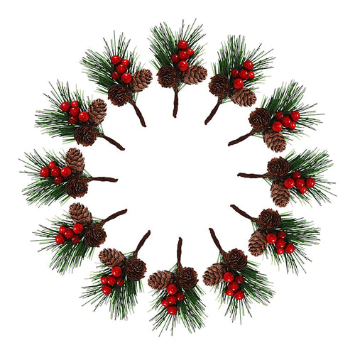 Twelve artificial Christmas pine branches with red berries and pine cones arranged in a circle on a white background.