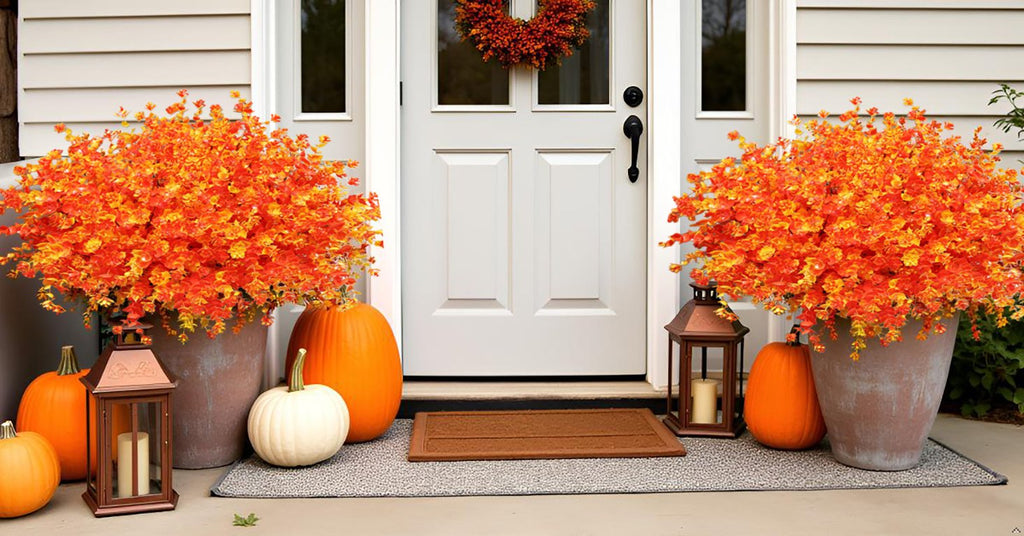Front porch decorated for fall with orange artificial plants, pumpkins, lanterns, and a wreath on the door.
