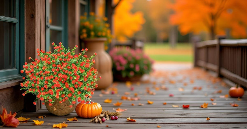 Artificial orange flowers in a pot with a pumpkin on a wooden porch during autumn