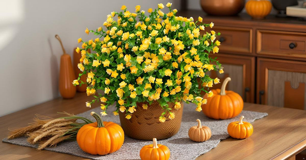 Artificial yellow flowers in a basket with pumpkins and wheat stalks on a wooden table