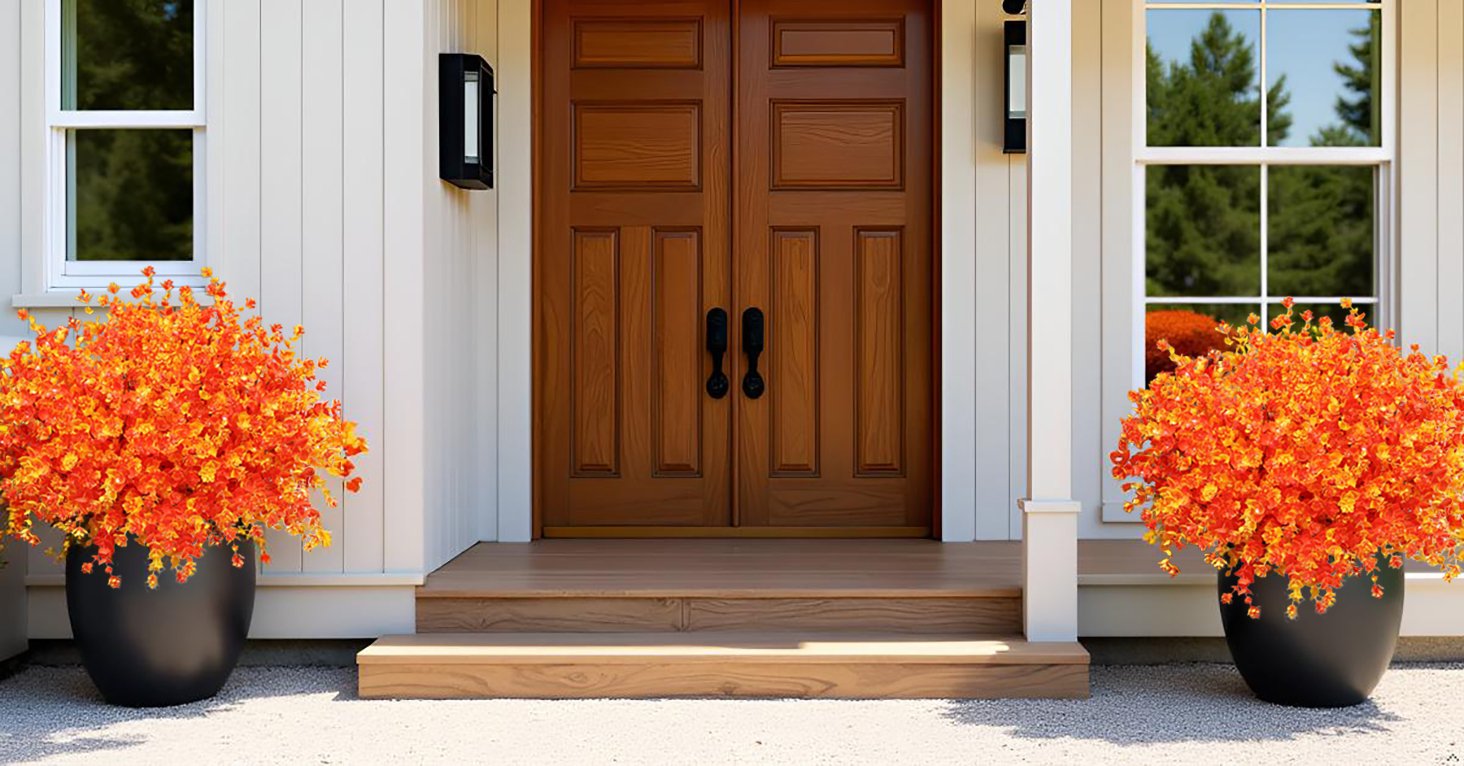 Two black planters filled with vibrant orange artificial fall bushes flanking a wooden double door entrance.
