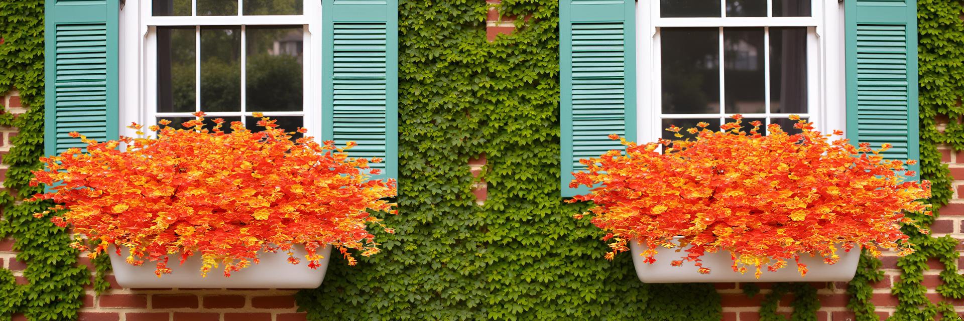 Two white window boxes filled with vibrant orange and yellow artificial fall bushes, set against a brick wall with green ivy and teal shutters.