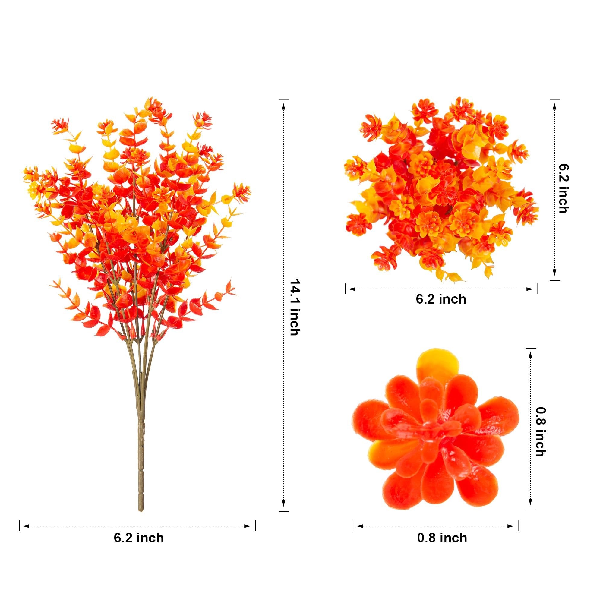 Three views of artificial fall plants: a large branch with orange and yellow leaves, a cluster of small orange flowers, and a single succulent-like bloom with dimensions indicated.