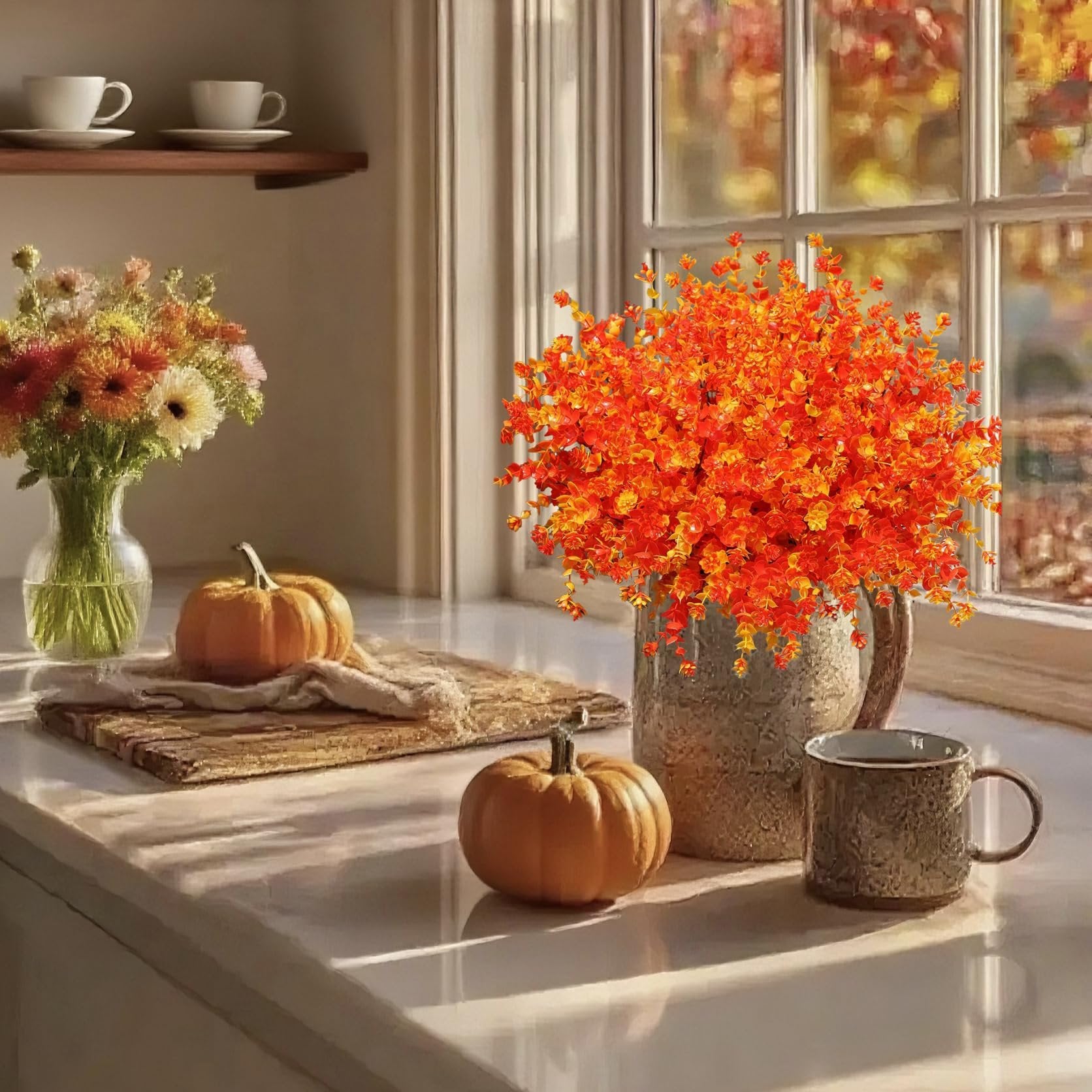 Artificial orange eucalyptus bushes in a vase with pumpkins and flowers on a countertop