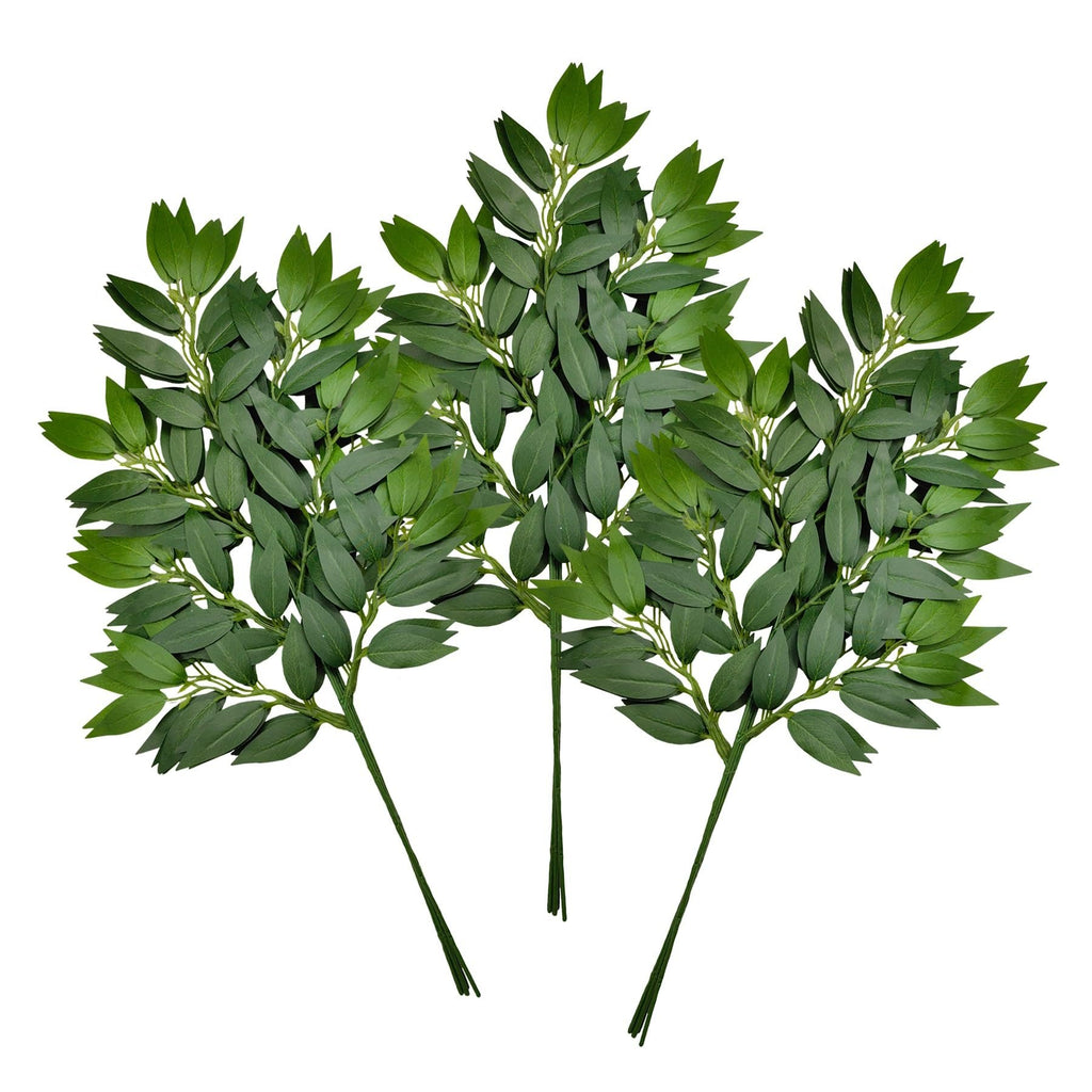 Three artificial Italian ruscus greenery stems with numerous dark green silk leaves on white background