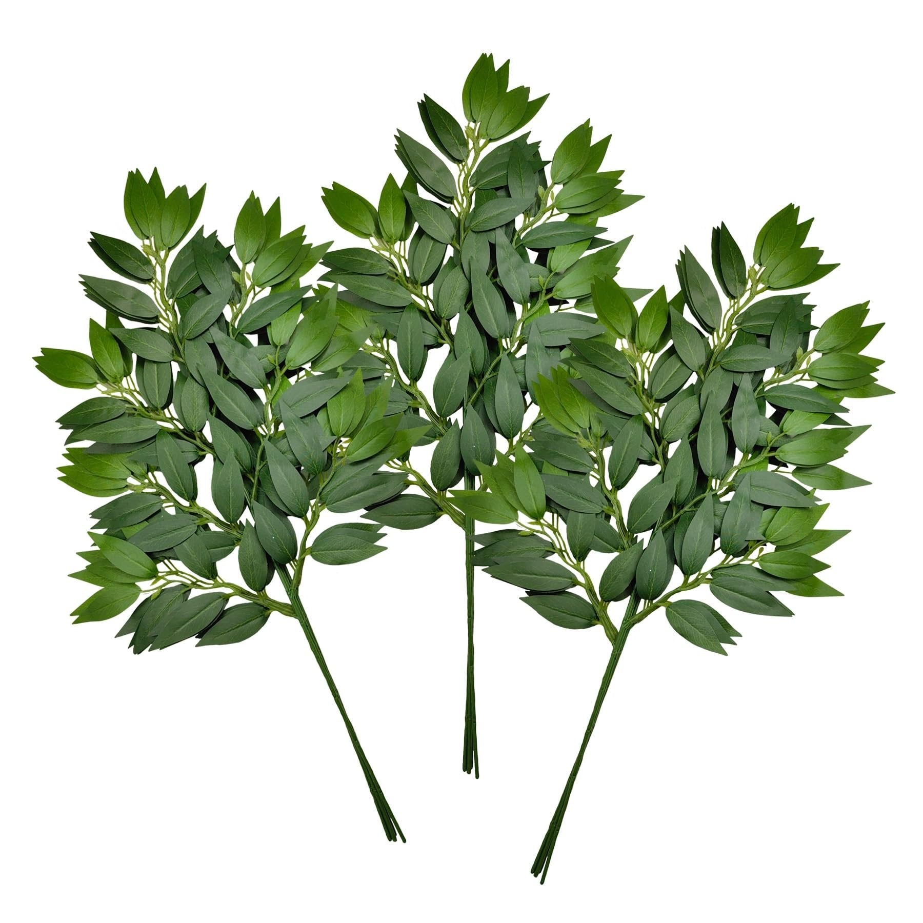 Three artificial Italian ruscus greenery stems with numerous dark green silk leaves on white background