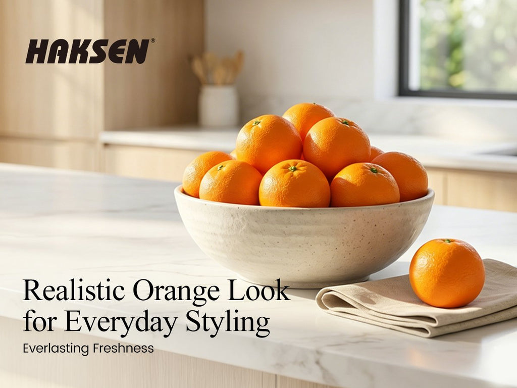 Bowl of artificial oranges on a kitchen counter with text overlay.