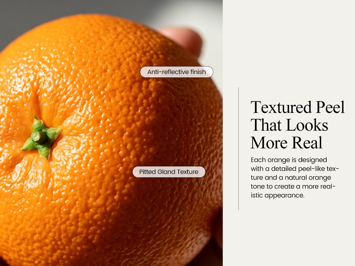 Close-up of a realistic artificial orange showing its textured peel and stem, with descriptive text overlays.