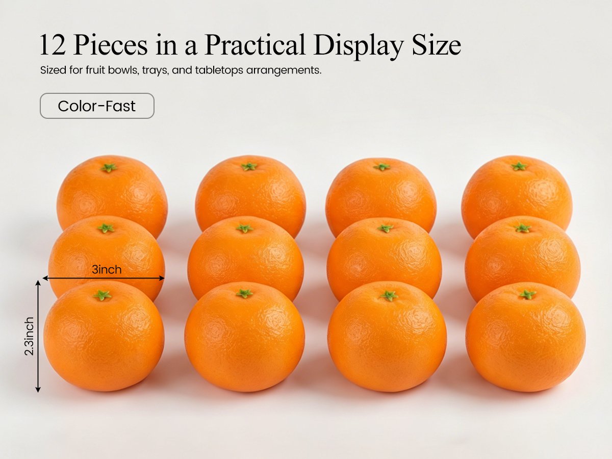 Twelve artificial oranges arranged in rows on a white background, with dimensions indicated.