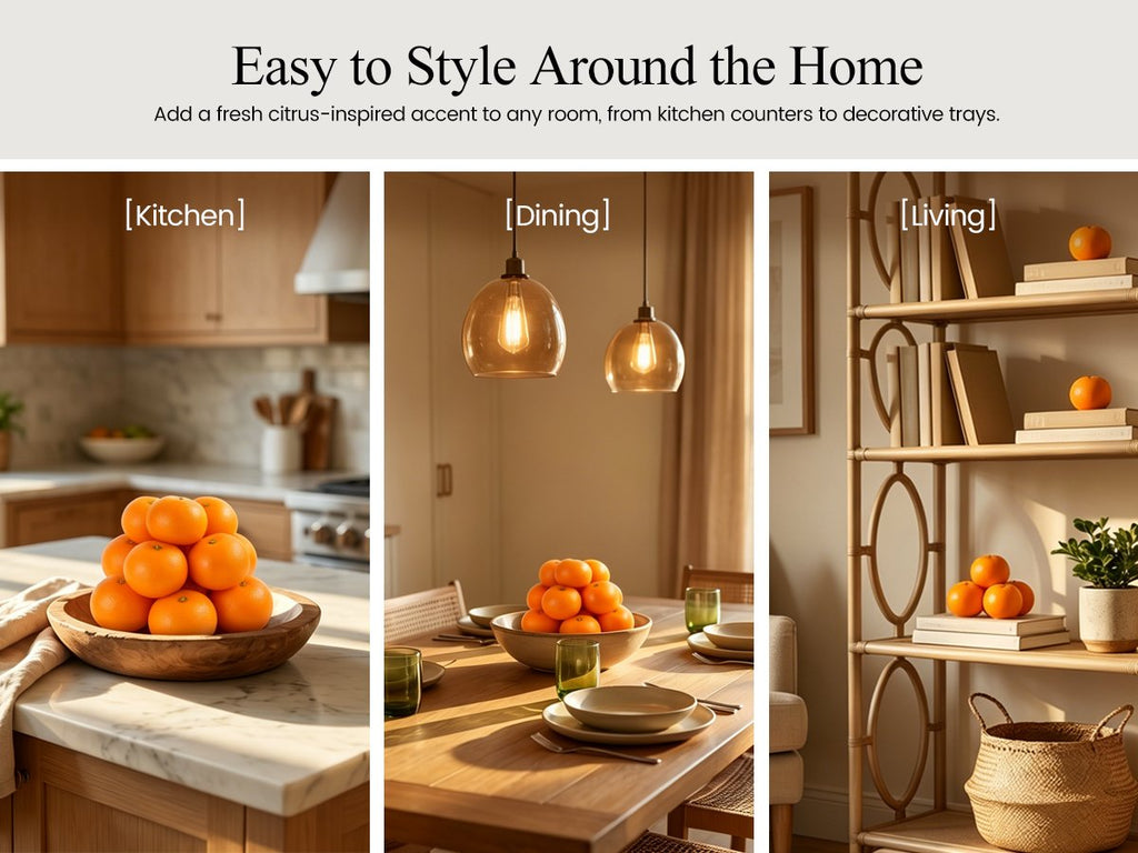 Collage showing artificial oranges styled in kitchen, dining, and living room settings.