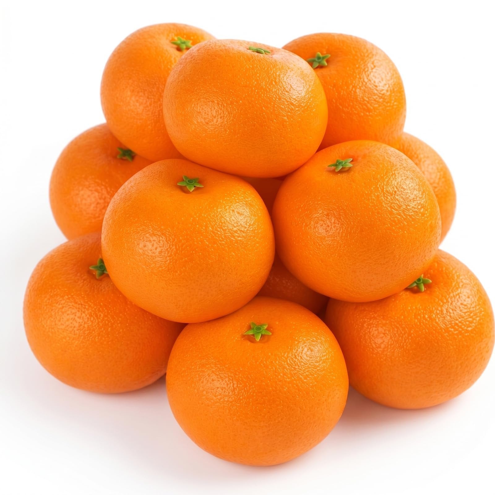 Pile of 12 lifelike artificial oranges with green stems on a white background
