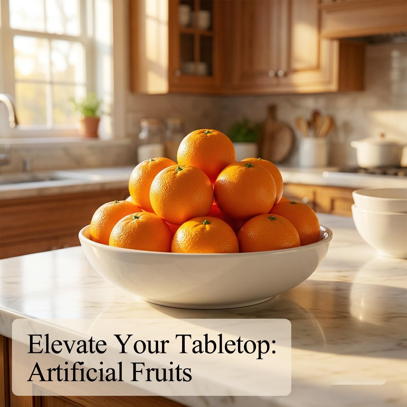 Bowl of artificial oranges on a marble countertop with kitchen background