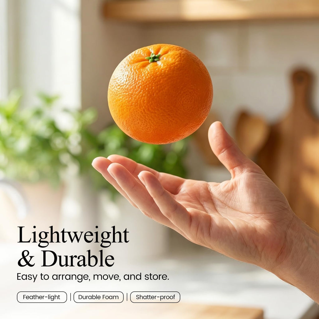 Hand reaching up to catch a floating artificial orange in a kitchen setting