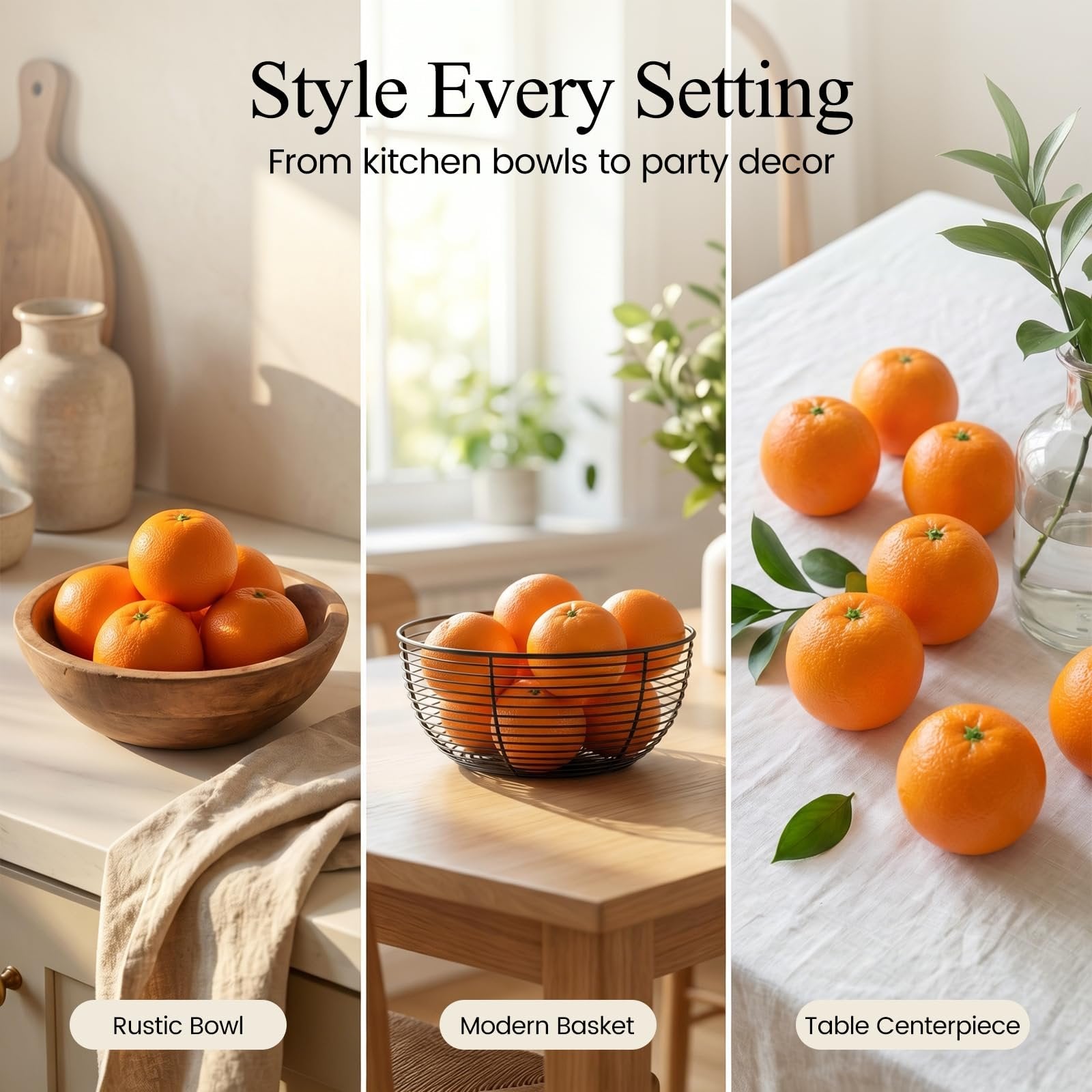 Collage of three scenes showing artificial oranges styled in a rustic bowl, modern basket, and as a table centerpiece.