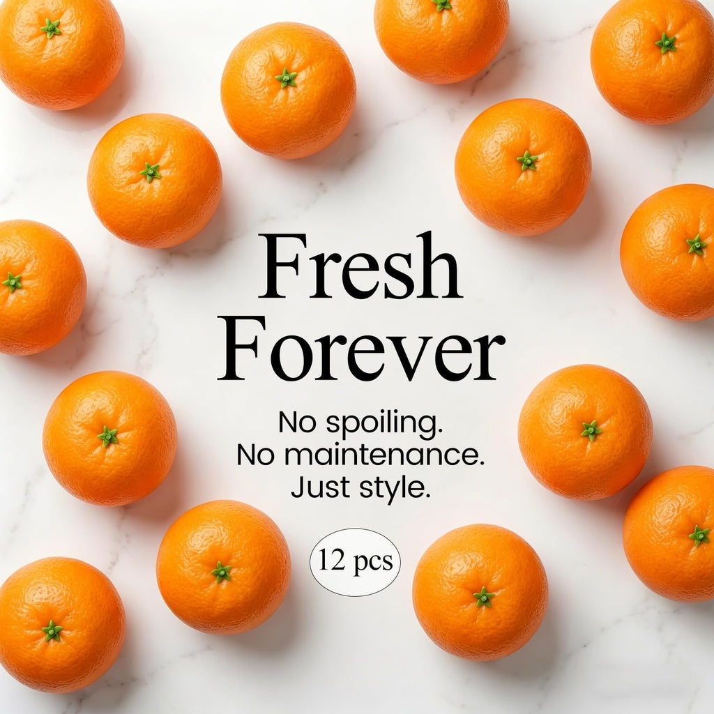 A dozen artificial oranges arranged on a marble surface with text overlay.