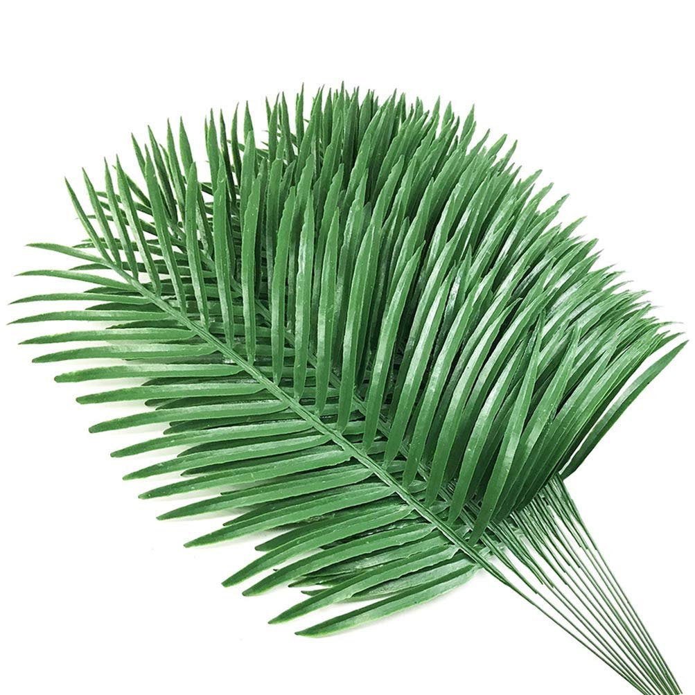 Bunch of 12 artificial green palm leaves fanned out against a white background, viewed from a slight angle.