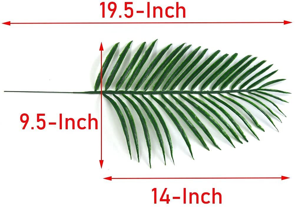 Artificial palm leaf with dimensions labeled 19.5-inch, 9.5-inch, and 14-inch.