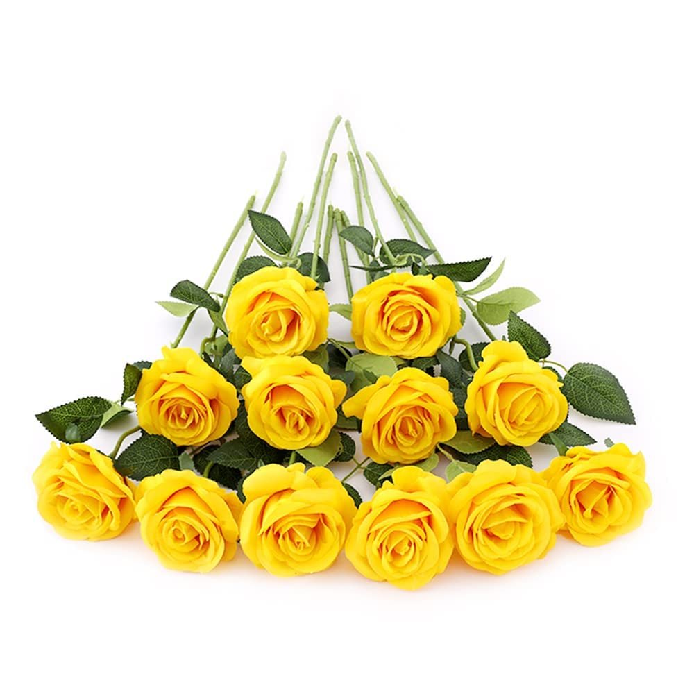 12 yellow silk roses with green stems and leaves arranged on a white background