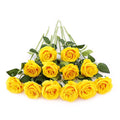 12 yellow silk roses with green stems and leaves arranged on a white background