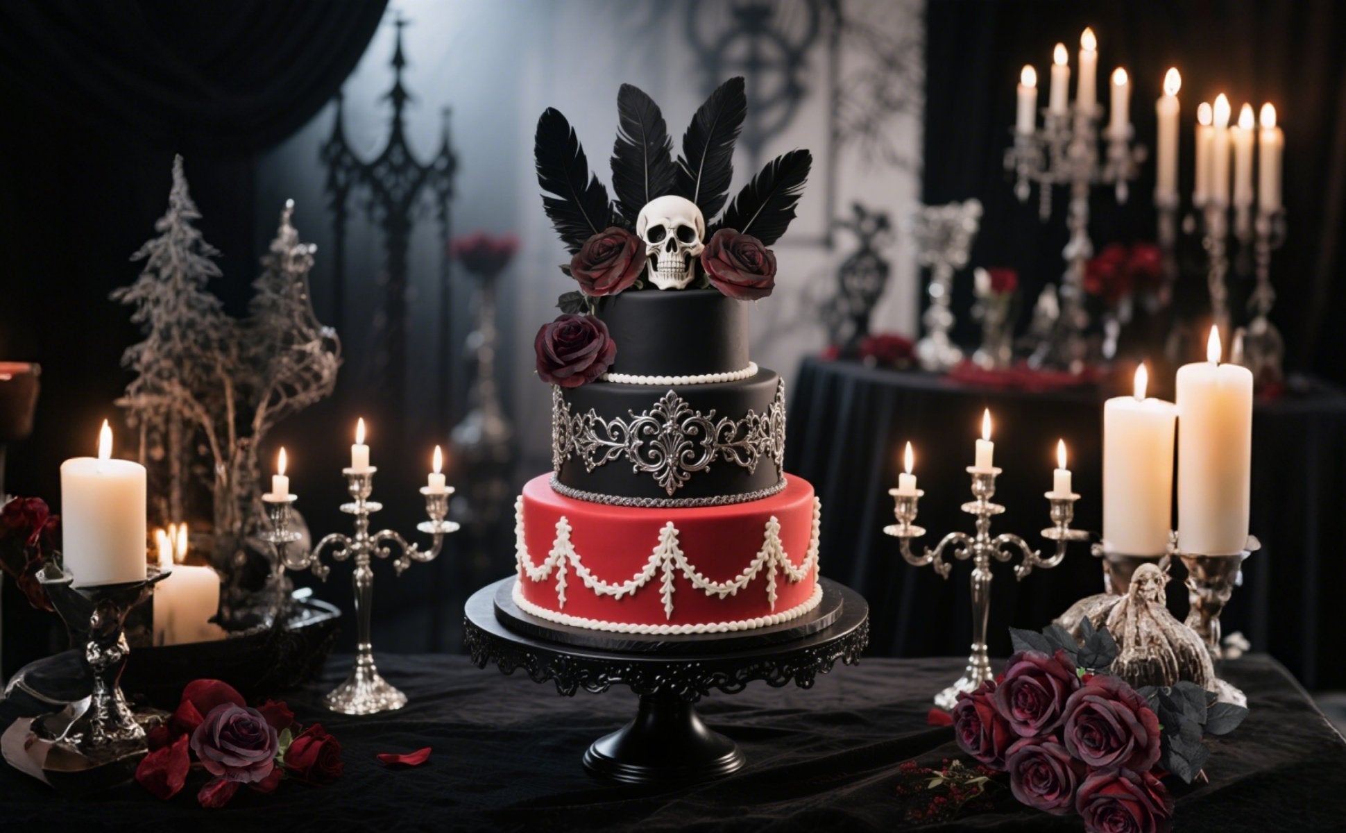 Gothic-themed tiered cake with skull and feather topper, surrounded by candles and roses on a black tablecloth.