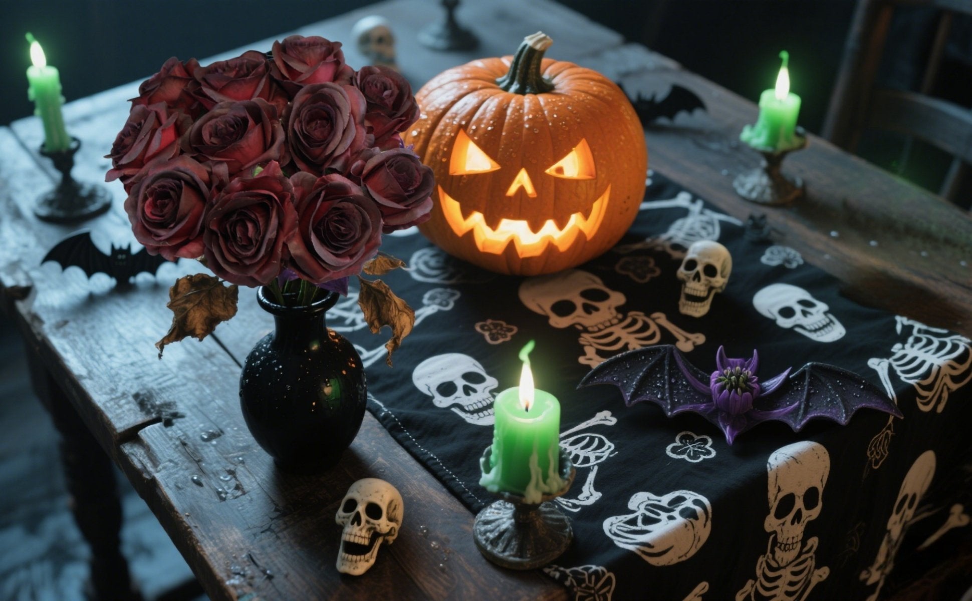 Burgundy artificial roses in a black vase next to a carved jack-o'-lantern on a Halloween-themed table runner.