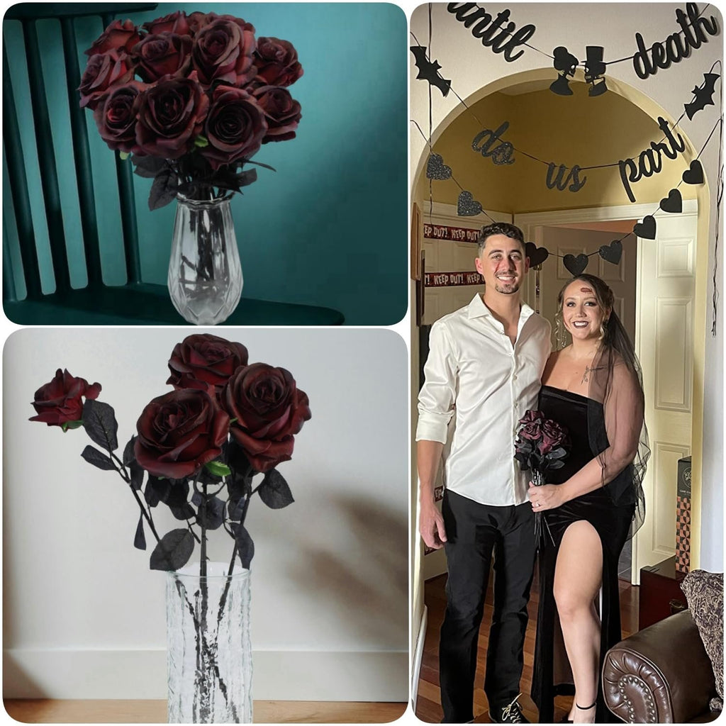 Bouquet of burgundy artificial roses in a vase and a couple in wedding attire with roses