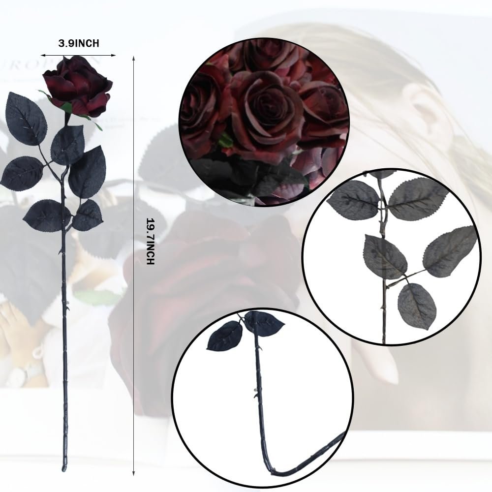Single burgundy artificial rose stem with leaves, showing dimensions and close-ups of flower head and stem.
