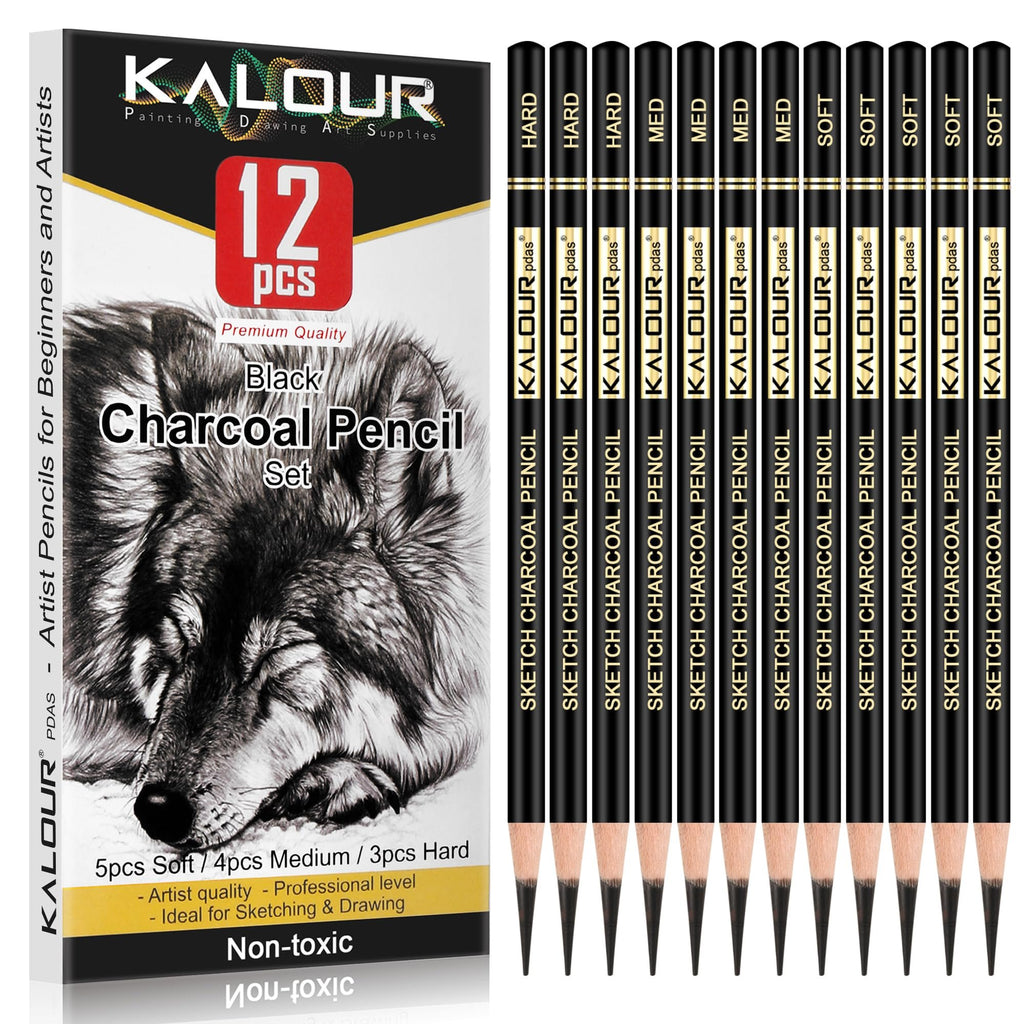 12-piece charcoal pencil drawing set with a wolf illustration on the box and pencils labeled hard, medium, and soft.